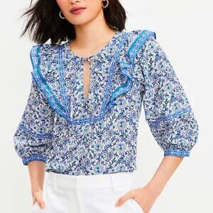 Loft Blue White Floral Smocked Ruffle 3/4 Sleeve Boho Blouse Sz Large